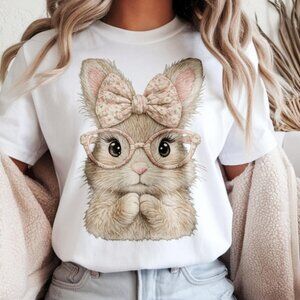Cute Bunny Shirt, Grandmillennial Easter Bunny Tee with Glasses